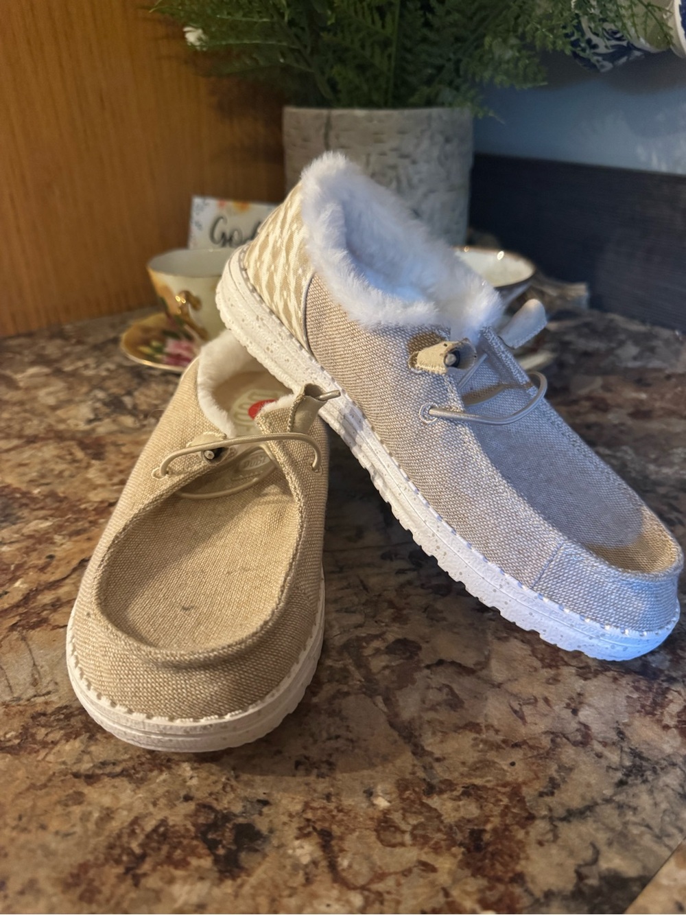 Hey Dude Beige Canvas Fur-Lined Slip-On Sneakers